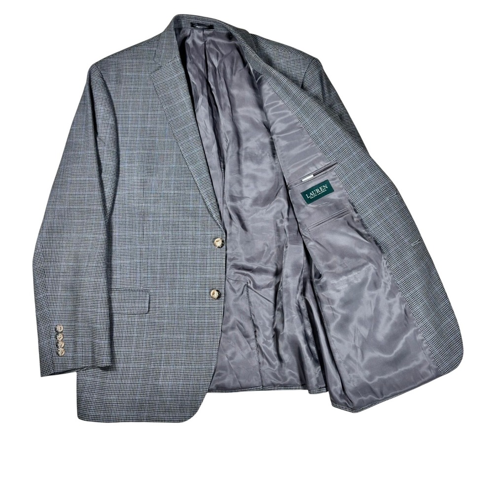 Lauren Ralph Lauren Mens 46R Silk Wool Houndstooth Blazer Sport Coat Grey‎ Blue